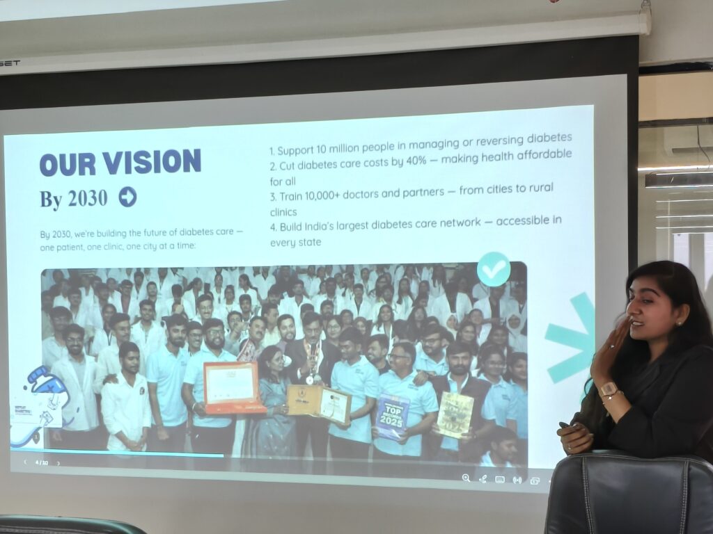 Sonia Khanna Ma’am delivering a healthcare awareness presentation during the Corporate Health Camp Ahmedabad organized by Shivam Charitable Trust and Defeat Diabetes at Lucent Innovation IT Company.