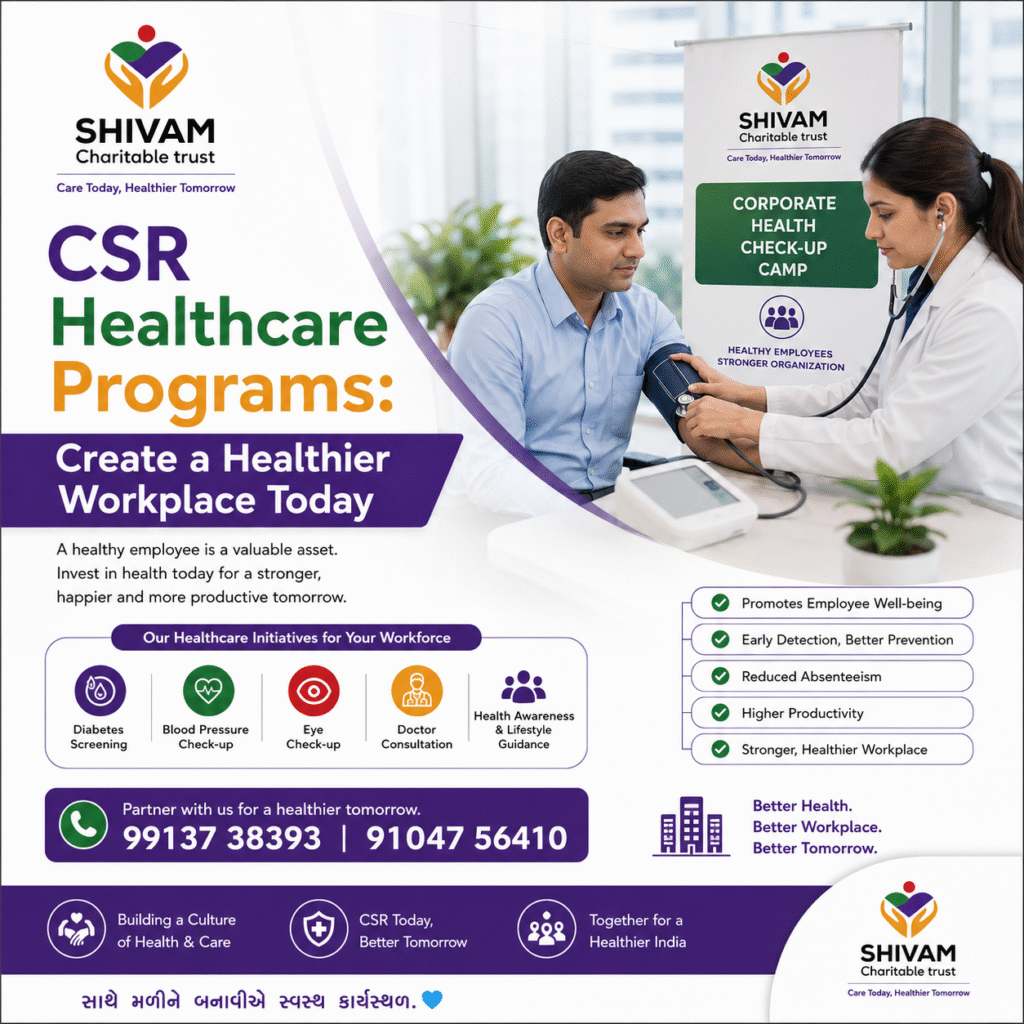 CSR Healthcare Programs by Shivam Charitable Trust promoting Corporate Health Camps, employee wellness, preventive healthcare, workplace health check-ups, and CSR partnerships.