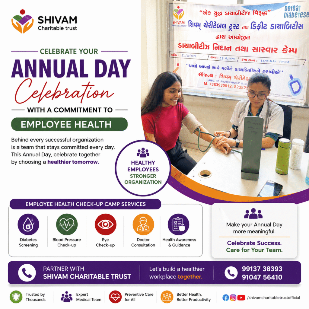 Corporate Health Camps organized by Shivam Charitable Trust to improve employee wellness, preventive healthcare, workplace health, and corporate health check-up programs.