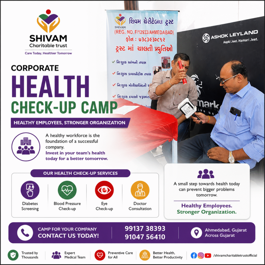 Corporate Health Check-up Camp by Shivam Charitable Trust promoting employee wellness, preventive healthcare, diabetes screening, blood pressure testing, and workplace health programs.
