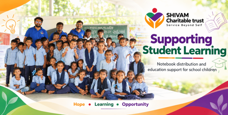 Shivam Charitable Trust and Rasna distribute 5,500 notebooks to school students in Patan