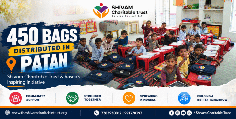 Shivam Charitable Trust and Rasna distribute approximately 450 bags in Patan, Gujarat, as part of a community welfare initiative.